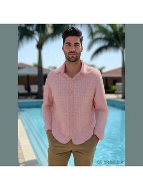 Margaritaville Island Reserve Men XL Pompano Button Plaid Pink Shirt Flip Cuff